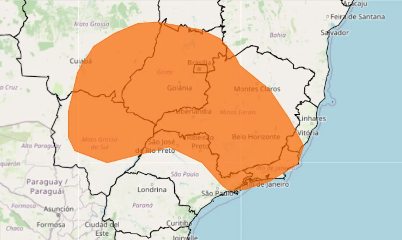 o mapa mostra &agrave;s &aacute;reas em alerta para chuva intensa e temporais